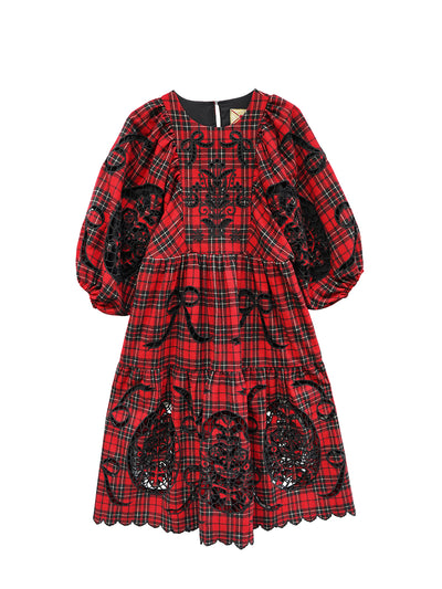 Unlogical Poem Victorian-style Paper-cut Pattern Hollow Embroidery Tartan Woolen Dress