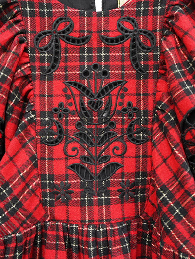 Unlogical Poem Victorian-style Paper-cut Pattern Hollow Embroidery Tartan Woolen Dress