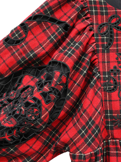 Unlogical Poem Victorian-style Paper-cut Pattern Hollow Embroidery Tartan Woolen Dress