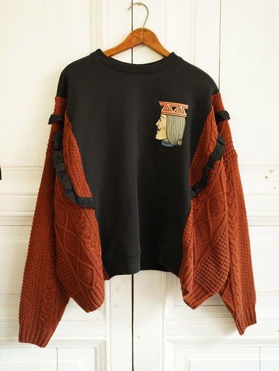 Unlogical Poem Poker Embroidery Patchwork Lace Knitted Black Sweater