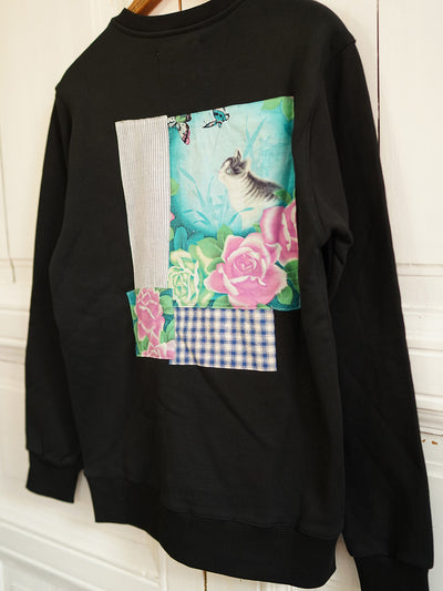 Unlogical Poem Vintage Style Print Patchwork Black Sweater