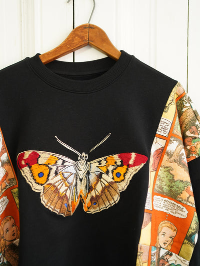 Unlogical Poem Butterfly Embroidery Patchwork Black Sweater