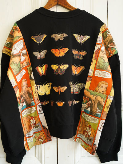 Unlogical Poem Butterfly Embroidery Patchwork Black Sweater