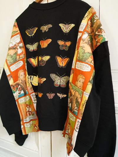 Unlogical Poem Butterfly Embroidery Patchwork Black Sweater