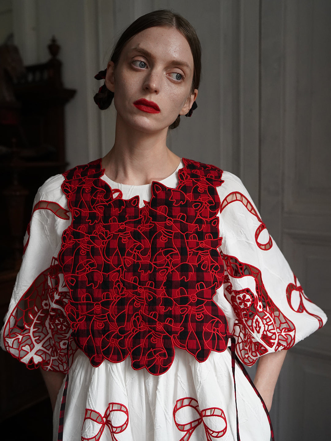 Unlogical Poem Cat Embroidery Reversible Gingham Smock