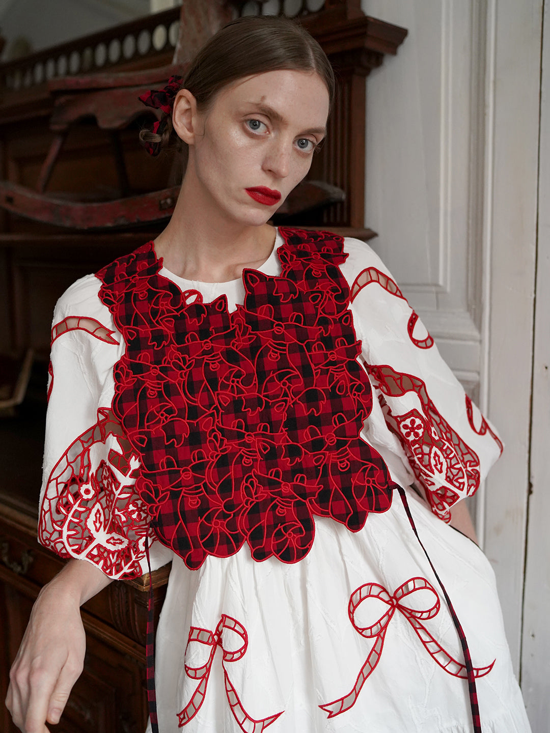 Unlogical Poem Cat Embroidery Reversible Gingham Smock