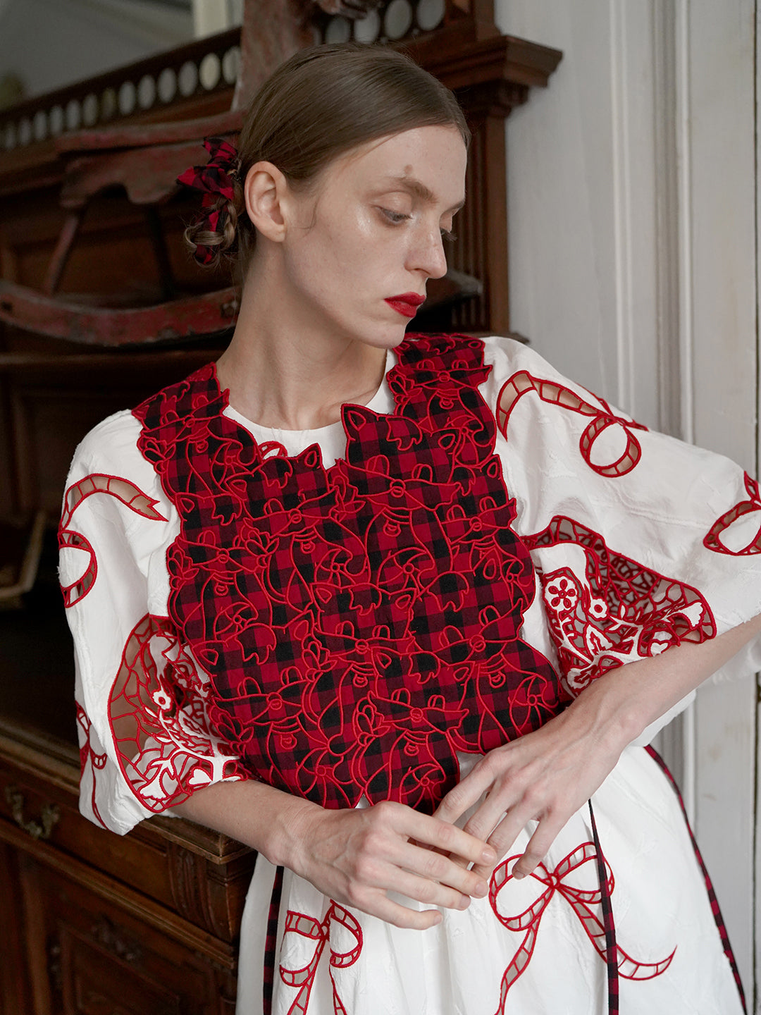 Unlogical Poem Cat Embroidery Reversible Gingham Smock