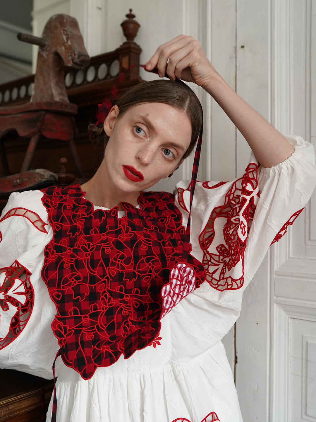 Unlogical Poem Cat Embroidery Reversible Gingham Smock