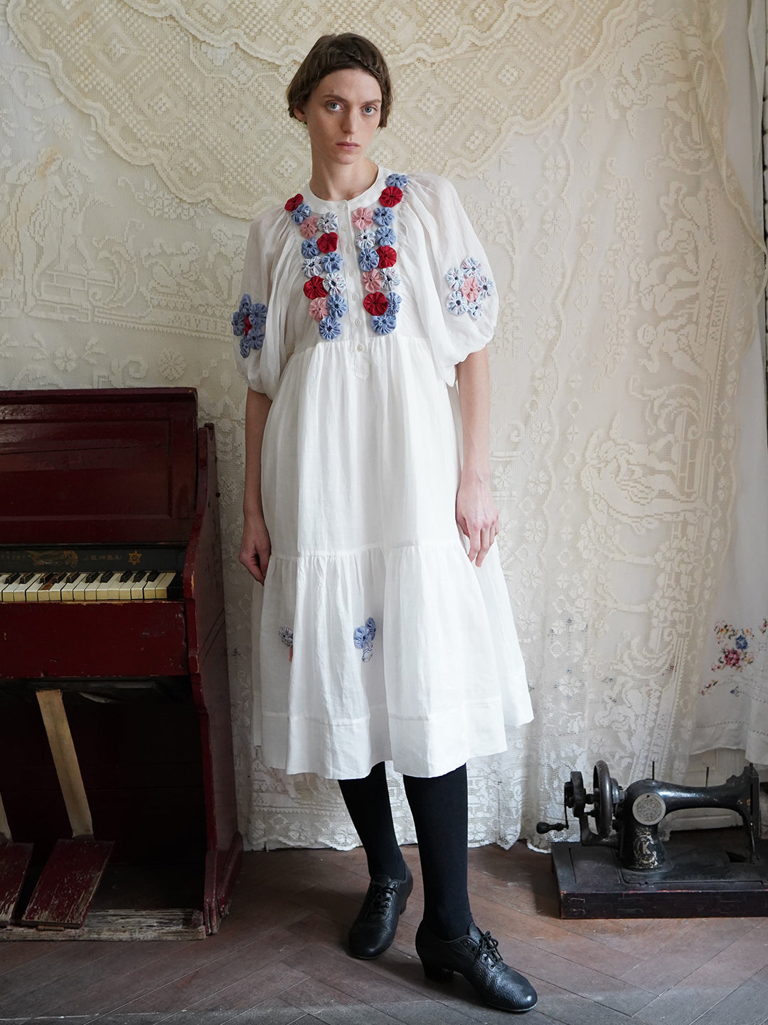 Unlogical Poem Folk Style Handmade Yoyo Flower Ramie Dress