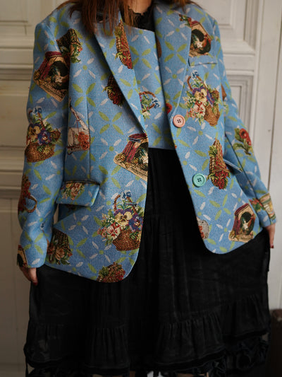 Unlogical Poem Cottage Style Flower basket yarn-dyed Blue Blazer