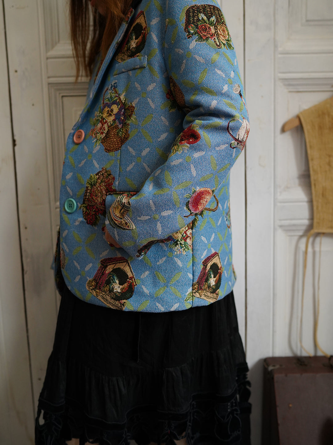 Unlogical Poem Cottage Style Flower basket yarn-dyed Blue Blazer