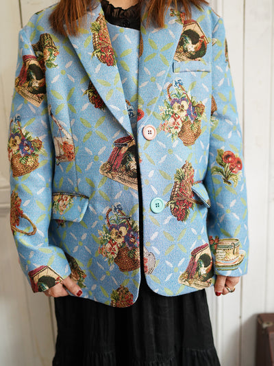 Unlogical Poem Cottage Style Flower basket yarn-dyed Blue Blazer