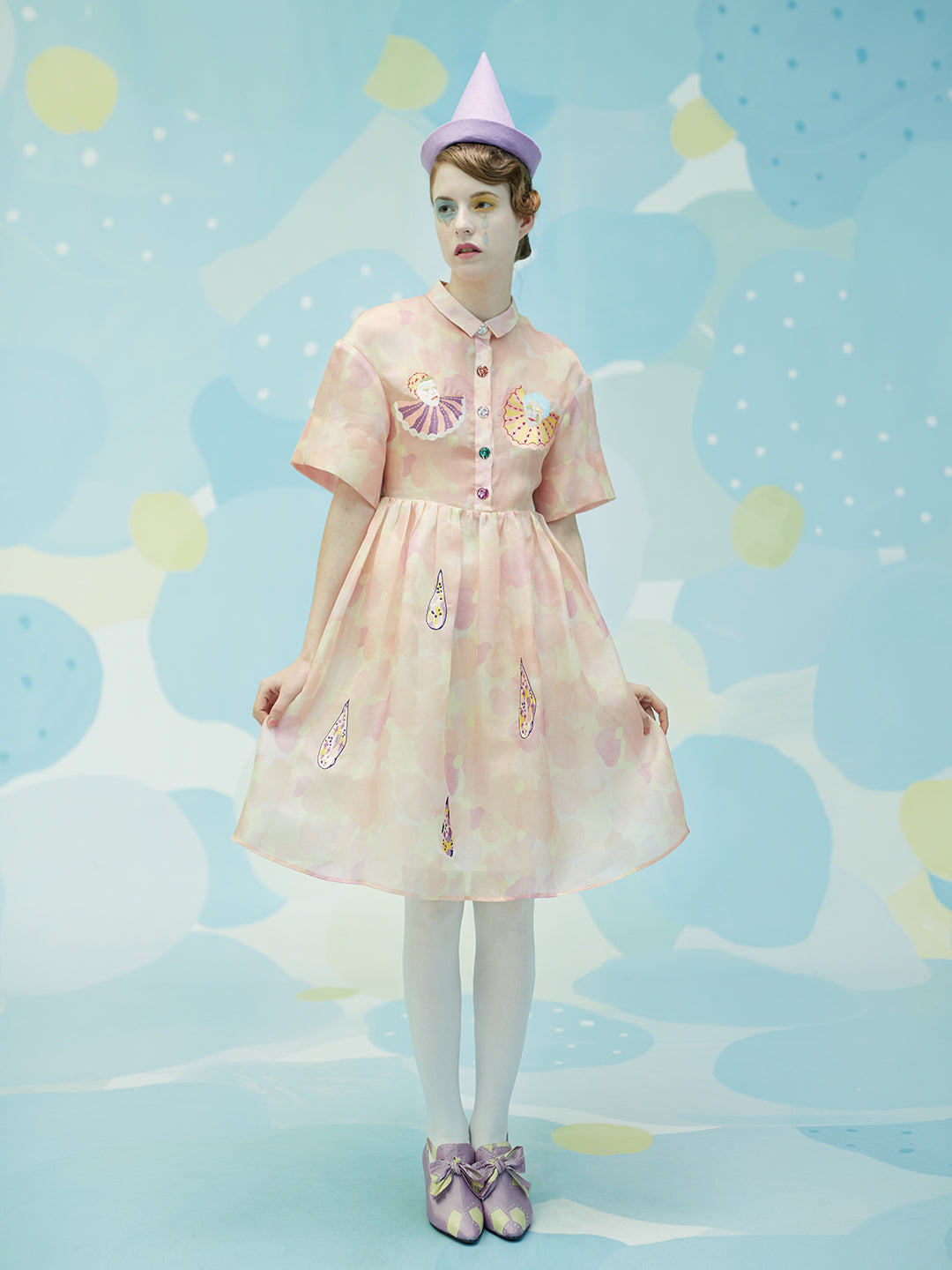 Unlogical Poem Pierrot Embroidery Pink Silk Dress