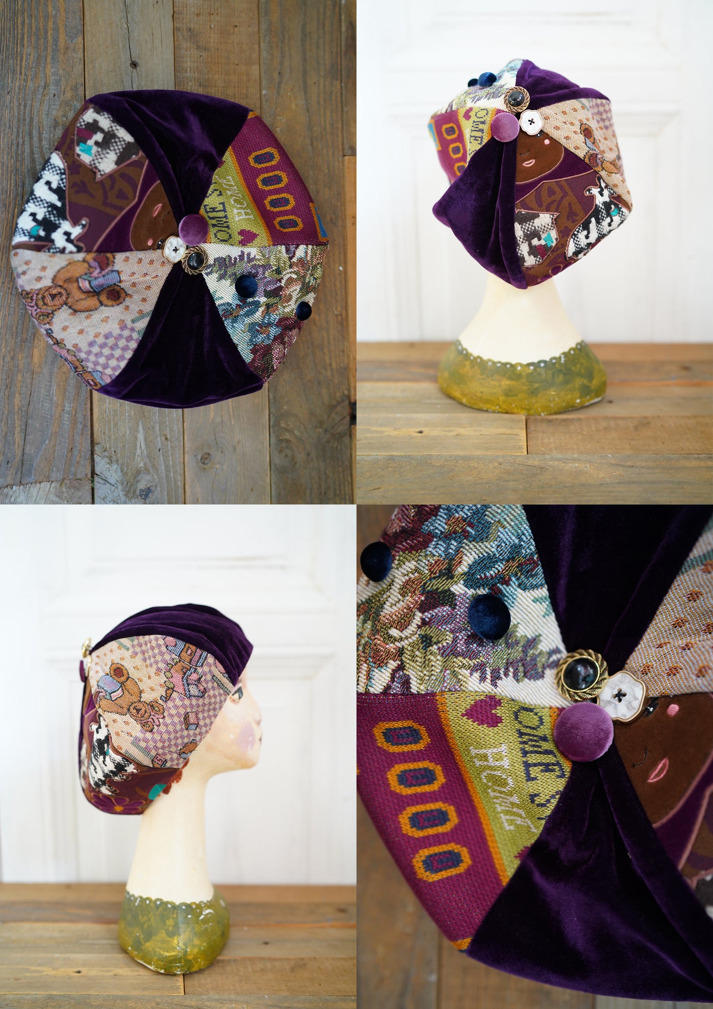 Unlogical Poem Illustration Print Patchwork Beret