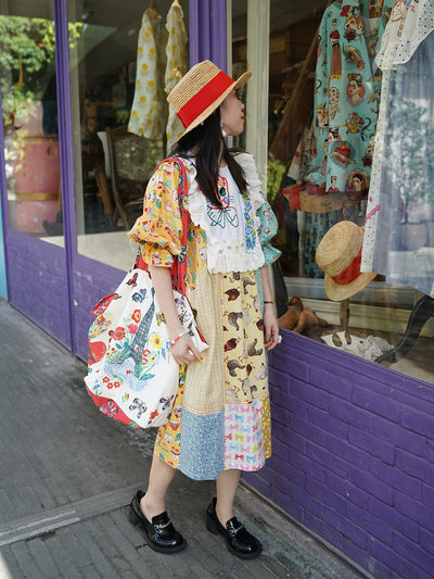 Unlogical Poem Cat Illustration Embroidered Patchwork Print Dress