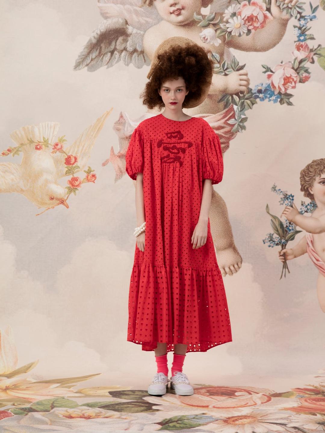 Unlogical Poem Embroidered Hand-Beaded  Puff Sleeve Cotton Dress