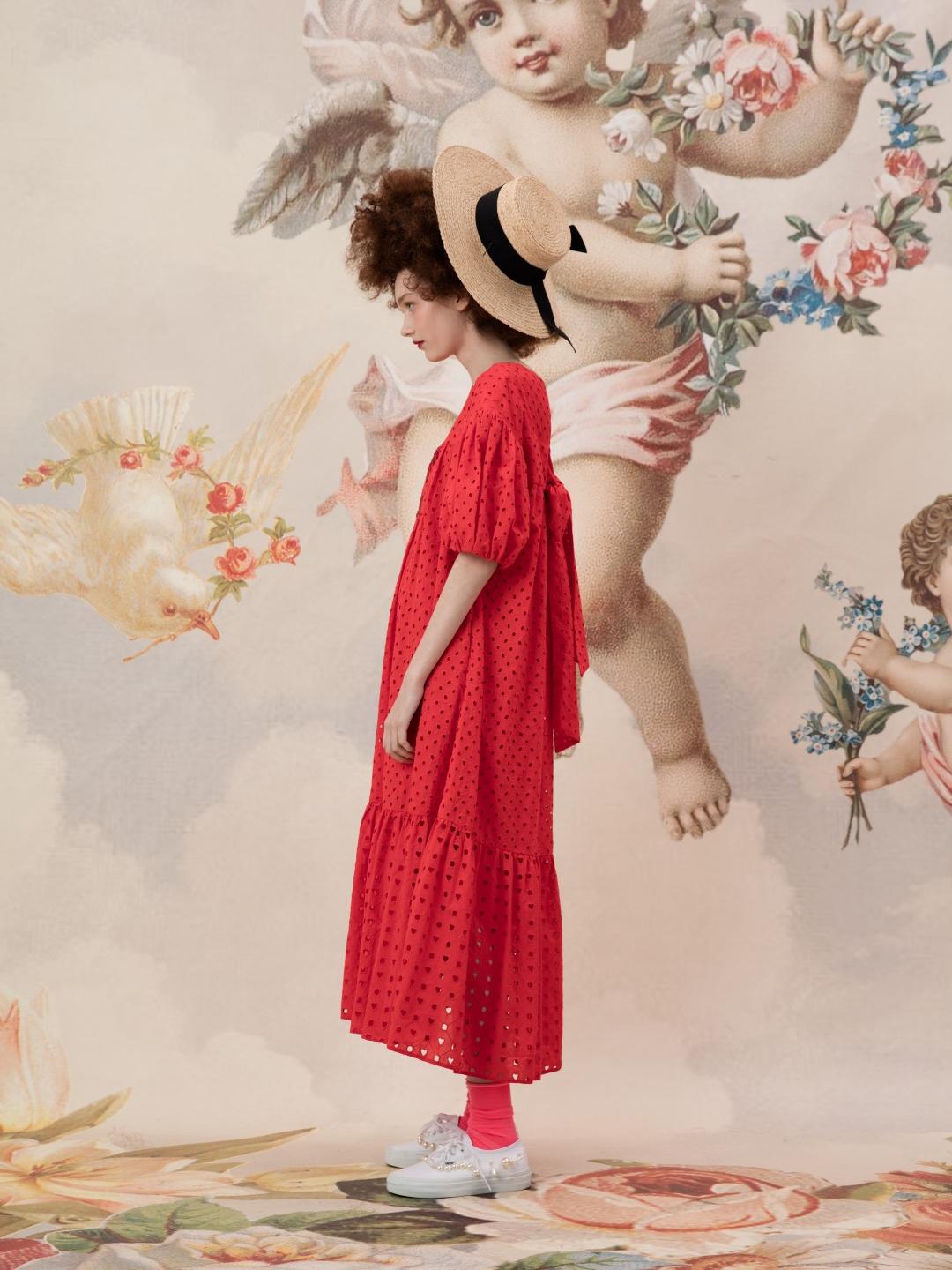 Unlogical Poem Embroidered Hand-Beaded  Puff Sleeve Cotton Dress