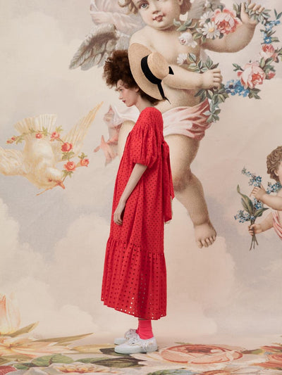 Unlogical Poem Embroidered Hand-Beaded  Puff Sleeve Cotton Dress