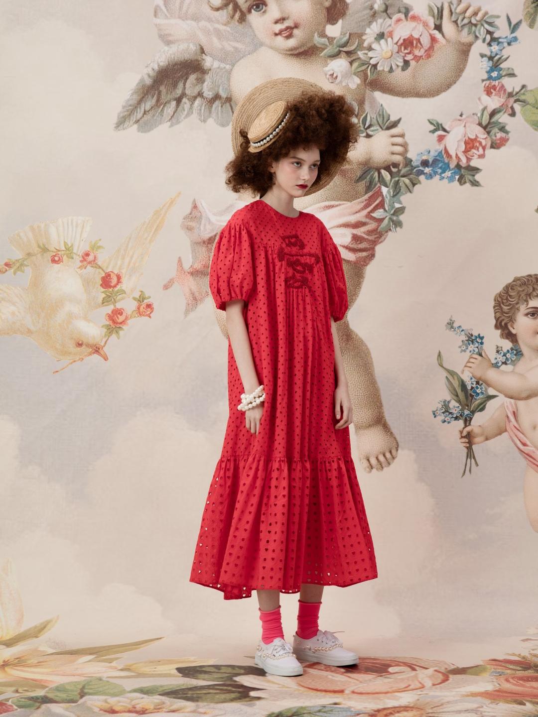 Unlogical Poem Embroidered Hand-Beaded  Puff Sleeve Cotton Dress