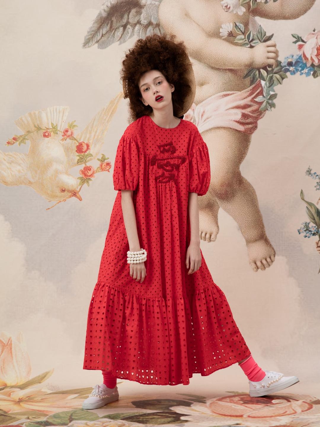 Unlogical Poem Embroidered Hand-Beaded  Puff Sleeve Cotton Dress