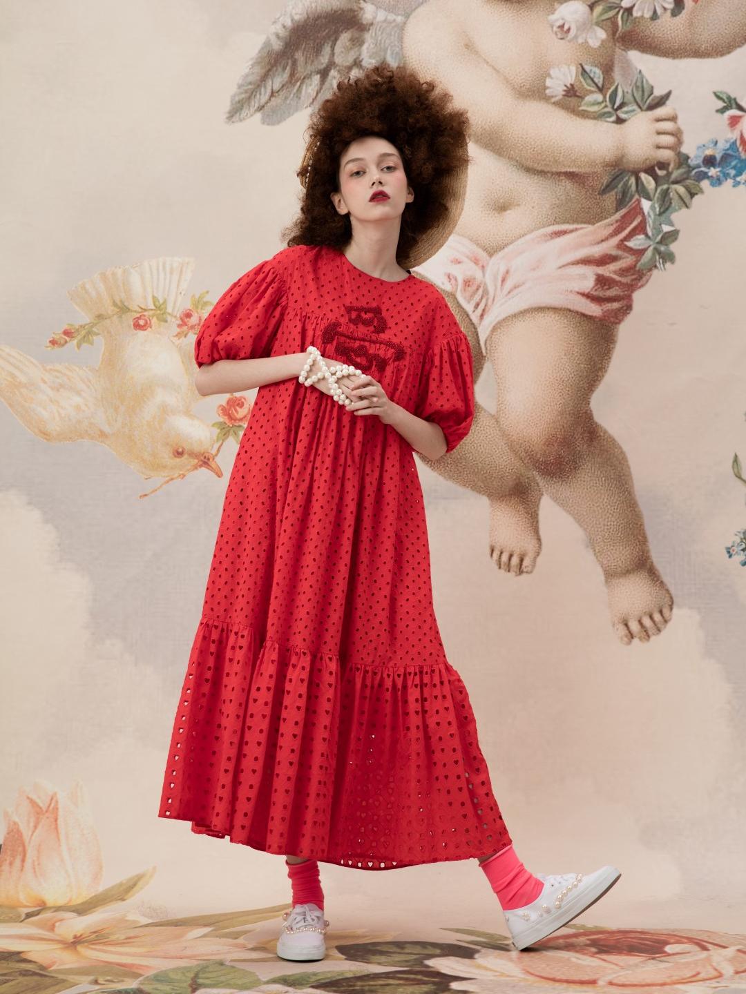 Unlogical Poem Embroidered Hand-Beaded  Puff Sleeve Cotton Dress