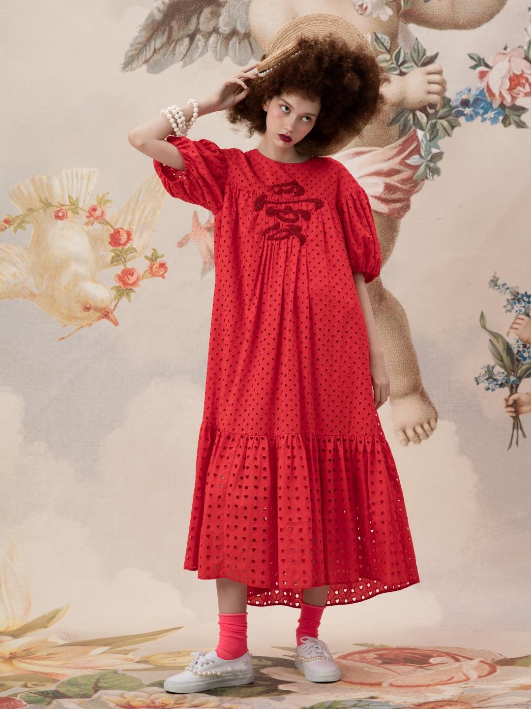 Unlogical Poem Embroidered Hand-Beaded  Puff Sleeve Cotton Dress