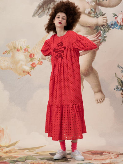 Unlogical Poem Embroidered Hand-Beaded  Puff Sleeve Cotton Dress