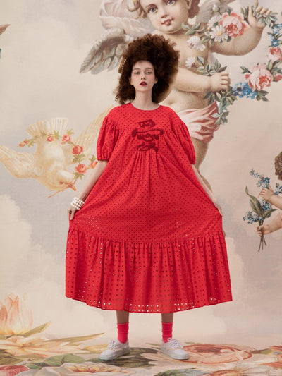Unlogical Poem Embroidered Hand-Beaded  Puff Sleeve Cotton Dress