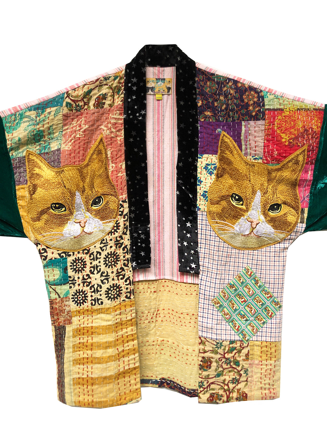 Unlogical Poem One-of-a-kind Cat Embroidered Patchwork Long Kimono