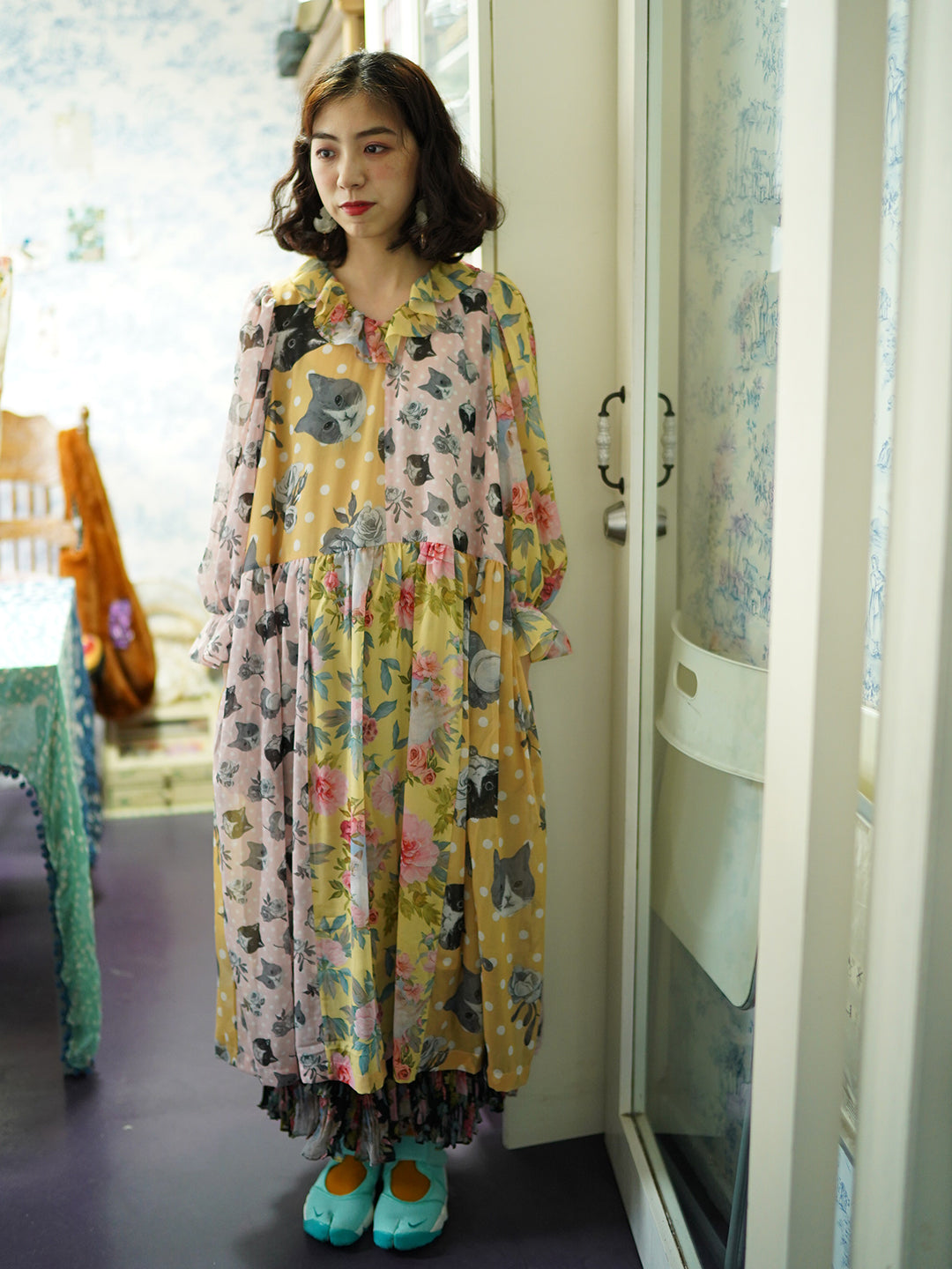 Unlogical Poem  Illustrated Print Patchwork Chiffon Dress