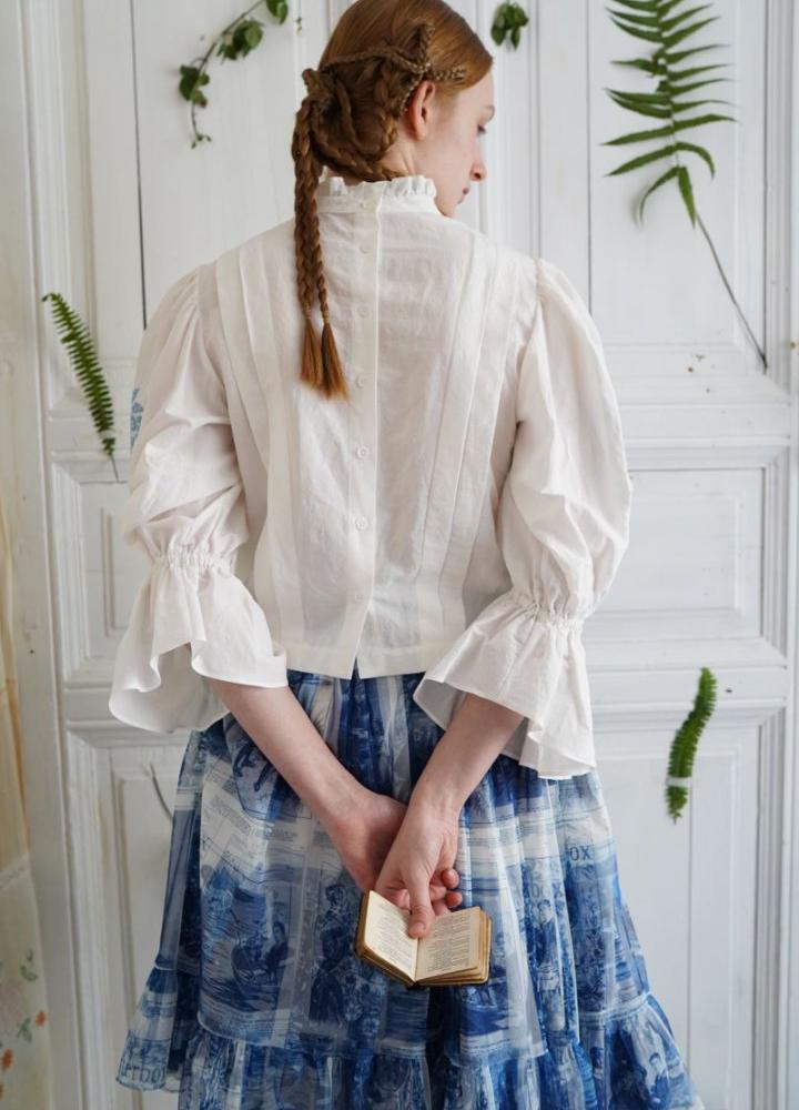 Unlogical Poem Victorian Stand Collar Blouse with Flower Basket Embroidery and Leg-of-Mutton Sleeves