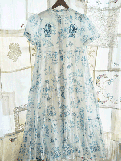 Unlogical Poem Blue Illustration Printed Embroidered Ramie Dress