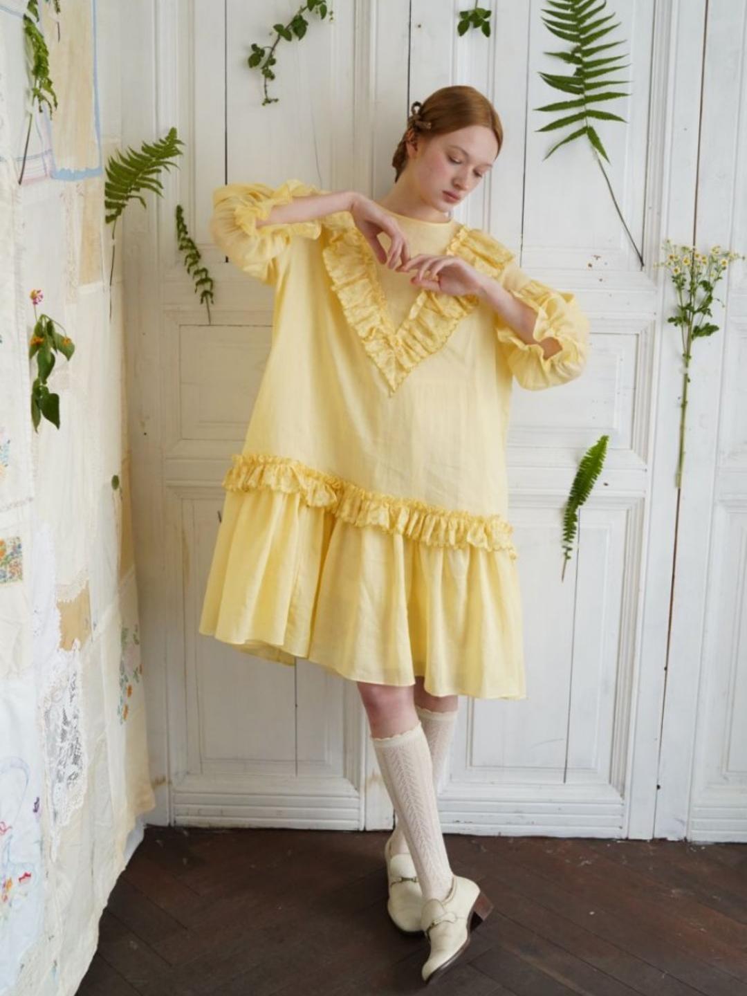 Unlogical Poem V-neck Ruffled Silhouette Embroidered Dress