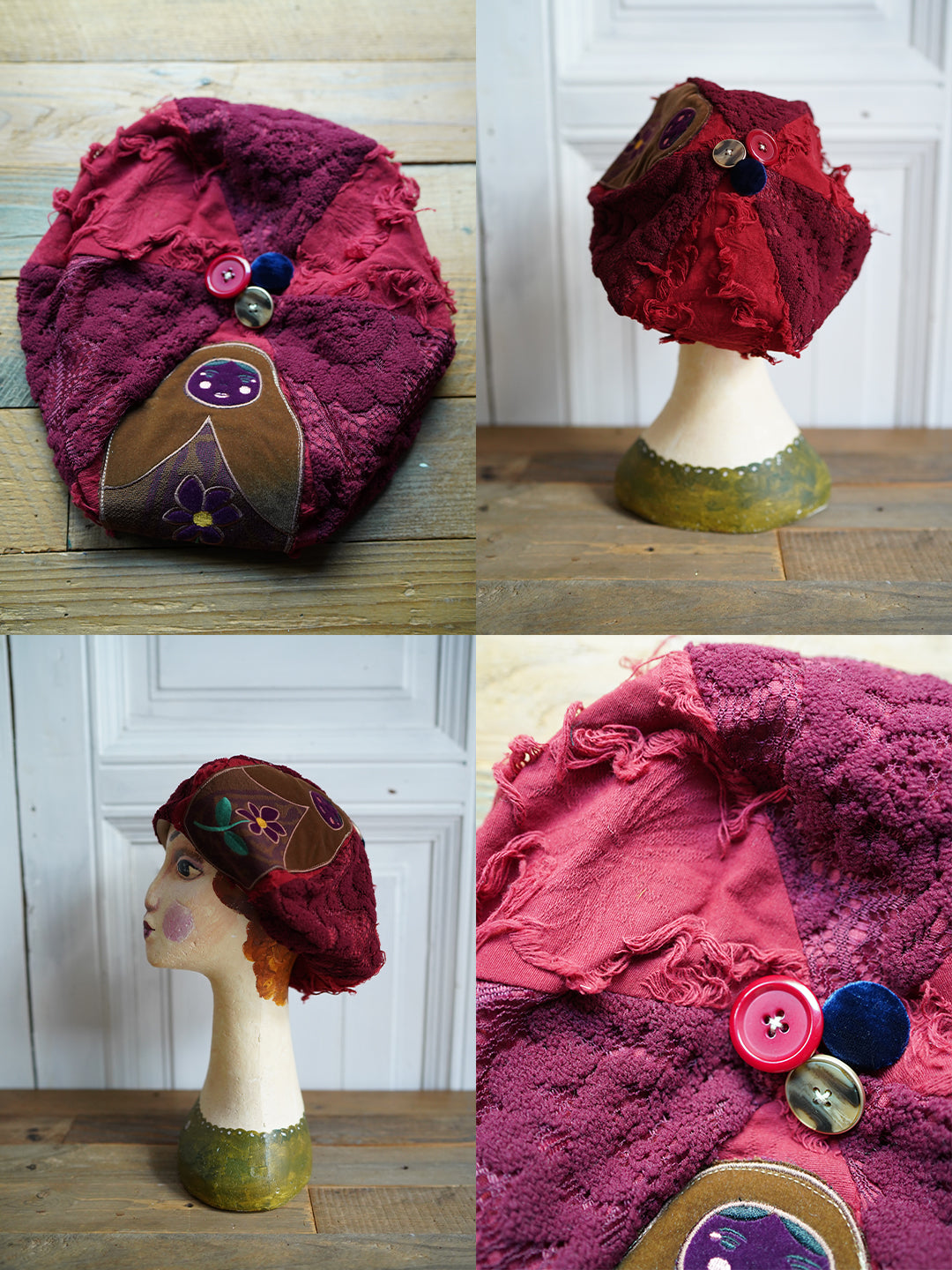 Unlogical Poem Illustration Print Patchwork Beret