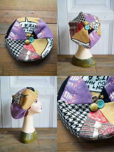 Unlogical Poem Illustration Print Patchwork Beret