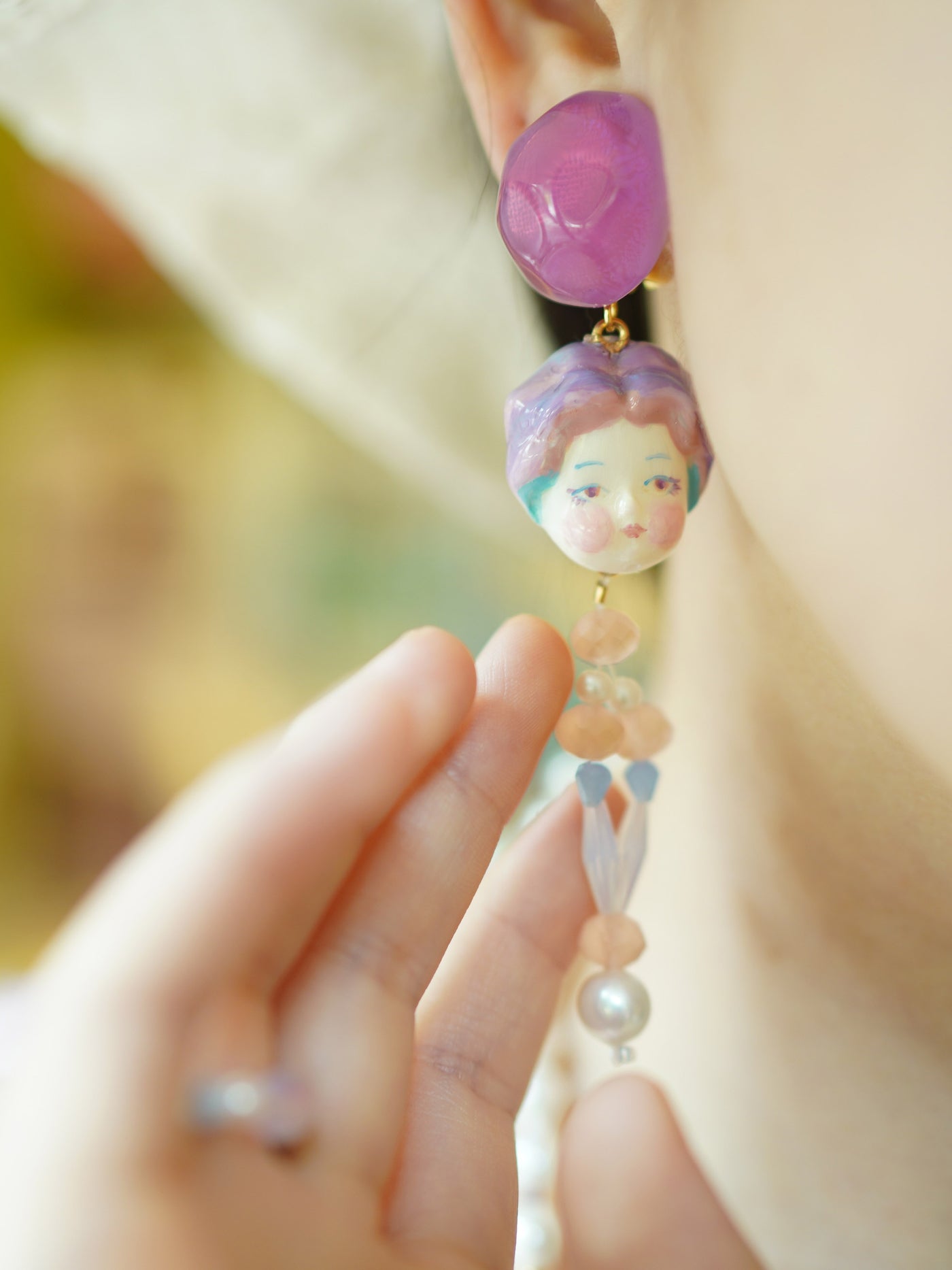 Unlogical Poem Macaron Doll Head Long Beaded Handmade Ear Clips