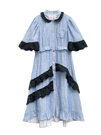 Unlogical Poem Anchor Embroidered Lace Cotton Dress-Blue