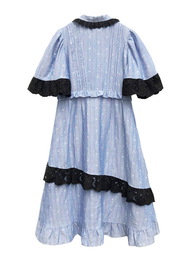 Unlogical Poem Anchor Embroidered Lace Cotton Dress-Blue