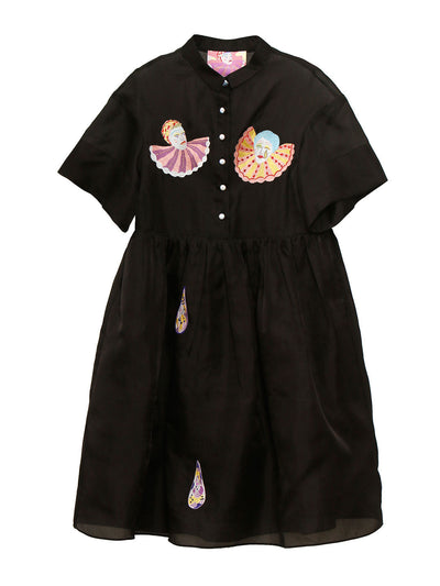 Unlogical Poem Pierrot Embroidery Blouse Wrap Dress-Black