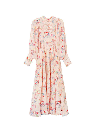Unlogical Poem Vintage-style Cat Illustration Printed Chiffon Dress