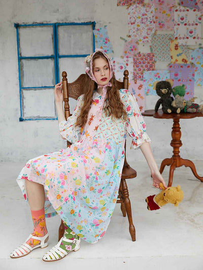 Unlogical Poem Illustrated Print Patchwork Chiffon Dress