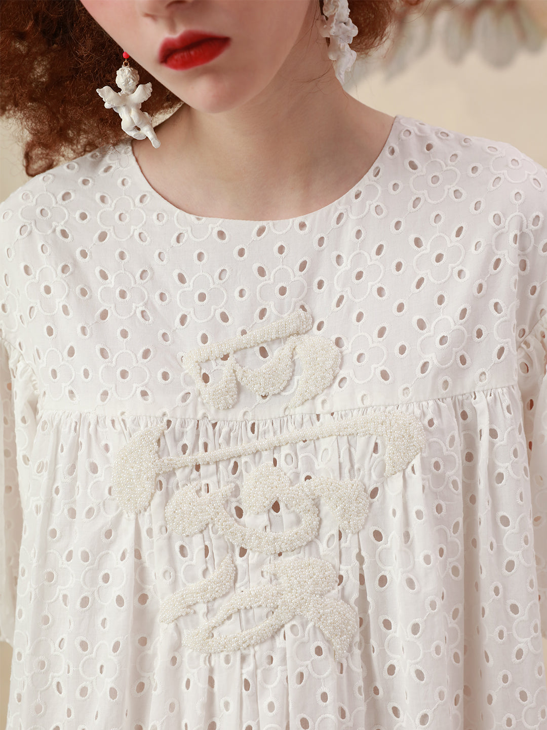 Unlogical Poem Embroidered Hand-Beaded  Puff Sleeve Cotton Dress