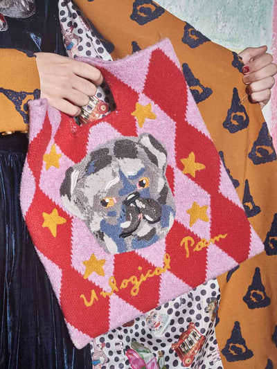 Unlogical Poem Bulldog Rhombic Woolen Embroidery Knitting Bag