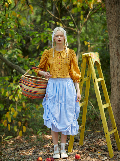 Unlogical Poem Vintage Irregula Pleated Plaid Cotton Skirt-Blue