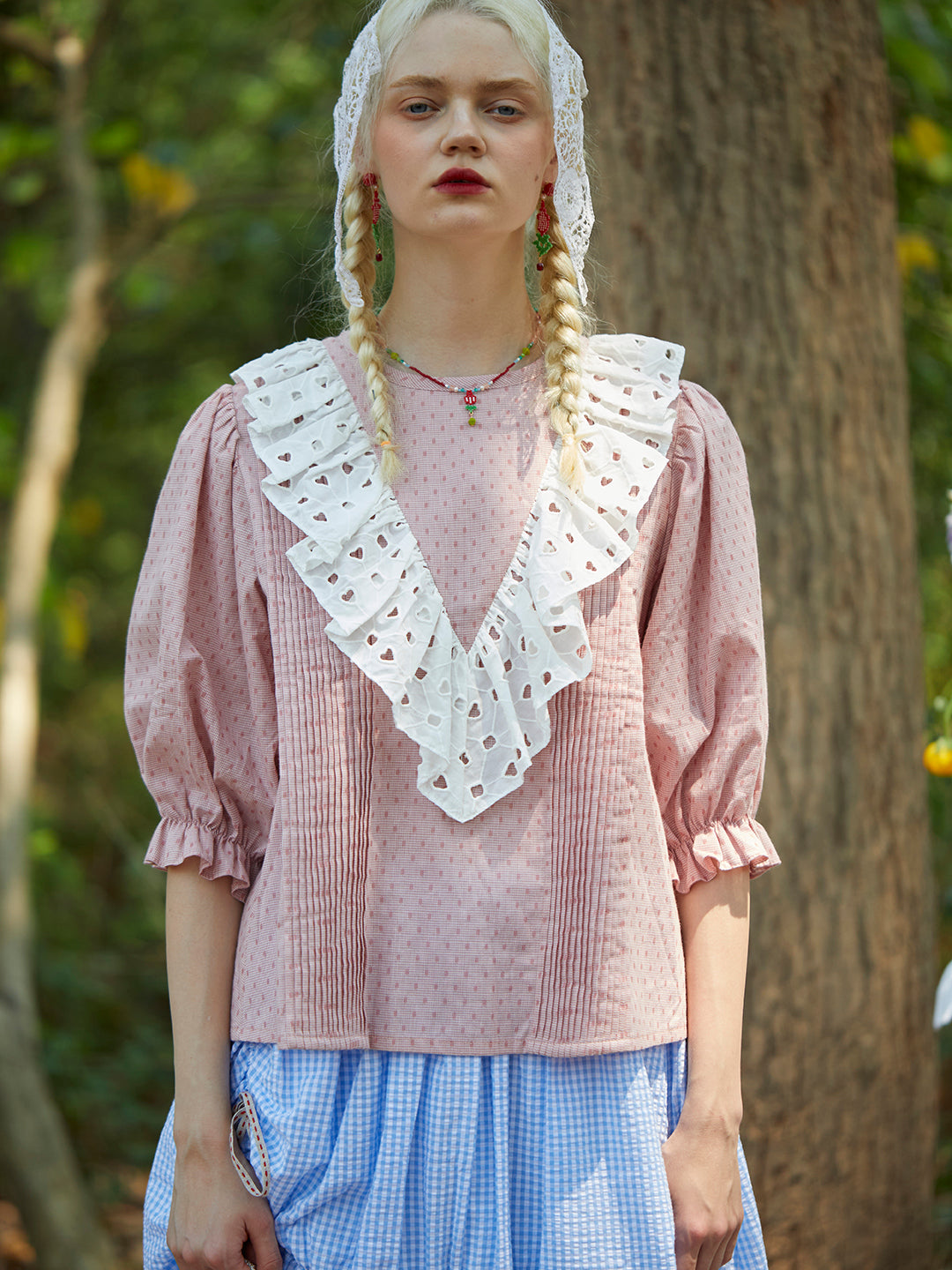 Unlogical Poem Polka Dot Jacquard Layering V-Neck  Top-Blue