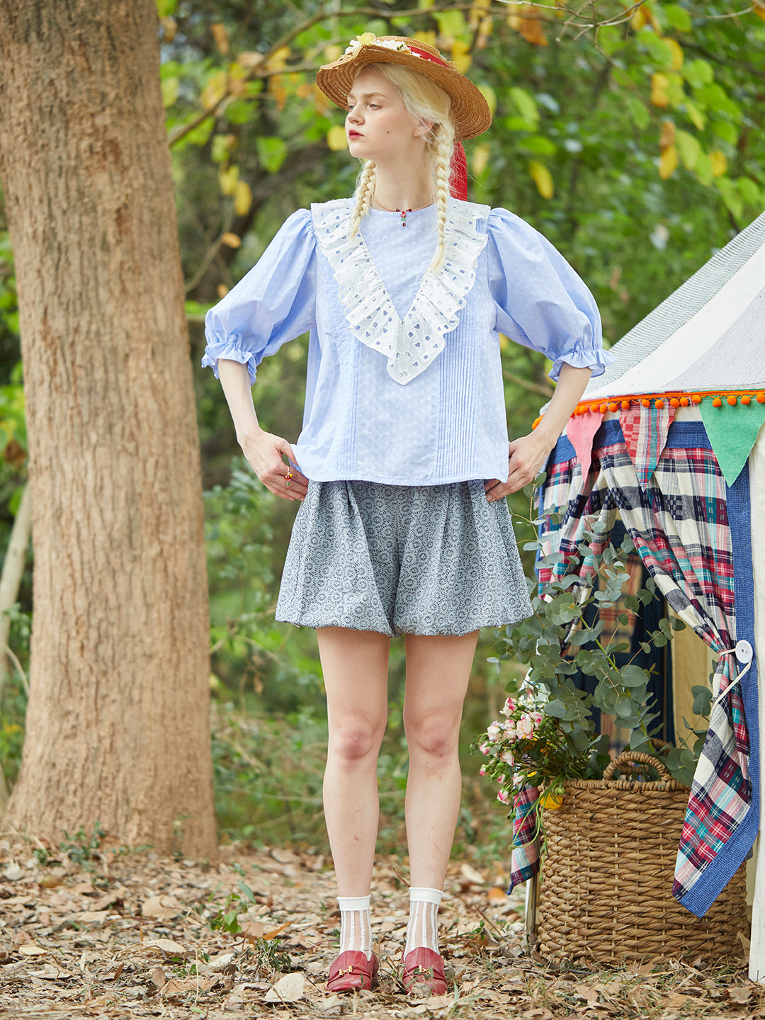 Unlogical Poem Polka Dot Jacquard Layering V-Neck  Top-Blue
