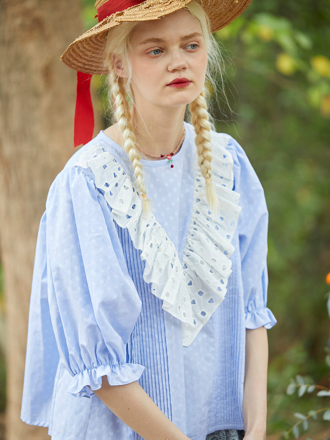 Unlogical Poem Polka Dot Jacquard Layering V-Neck  Top-Blue