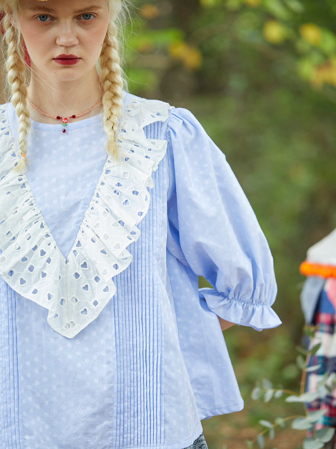Unlogical Poem Polka Dot Jacquard Layering V-Neck  Top-Blue