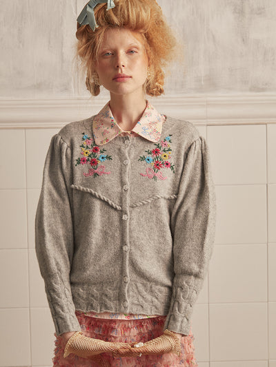 Unlogical Poem Knitted Slim Cardigan With Flower Embroidery