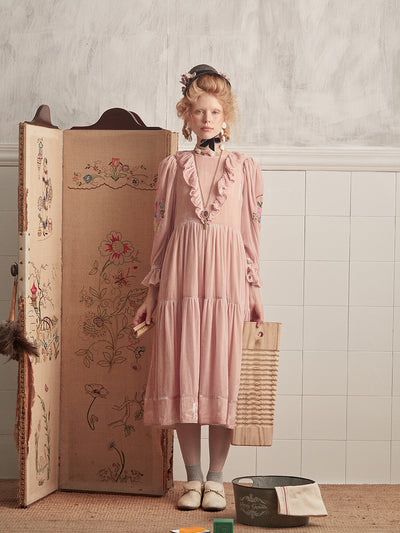 Unlogical Poem Puff Sleeve Embroidered Dress with Camisole